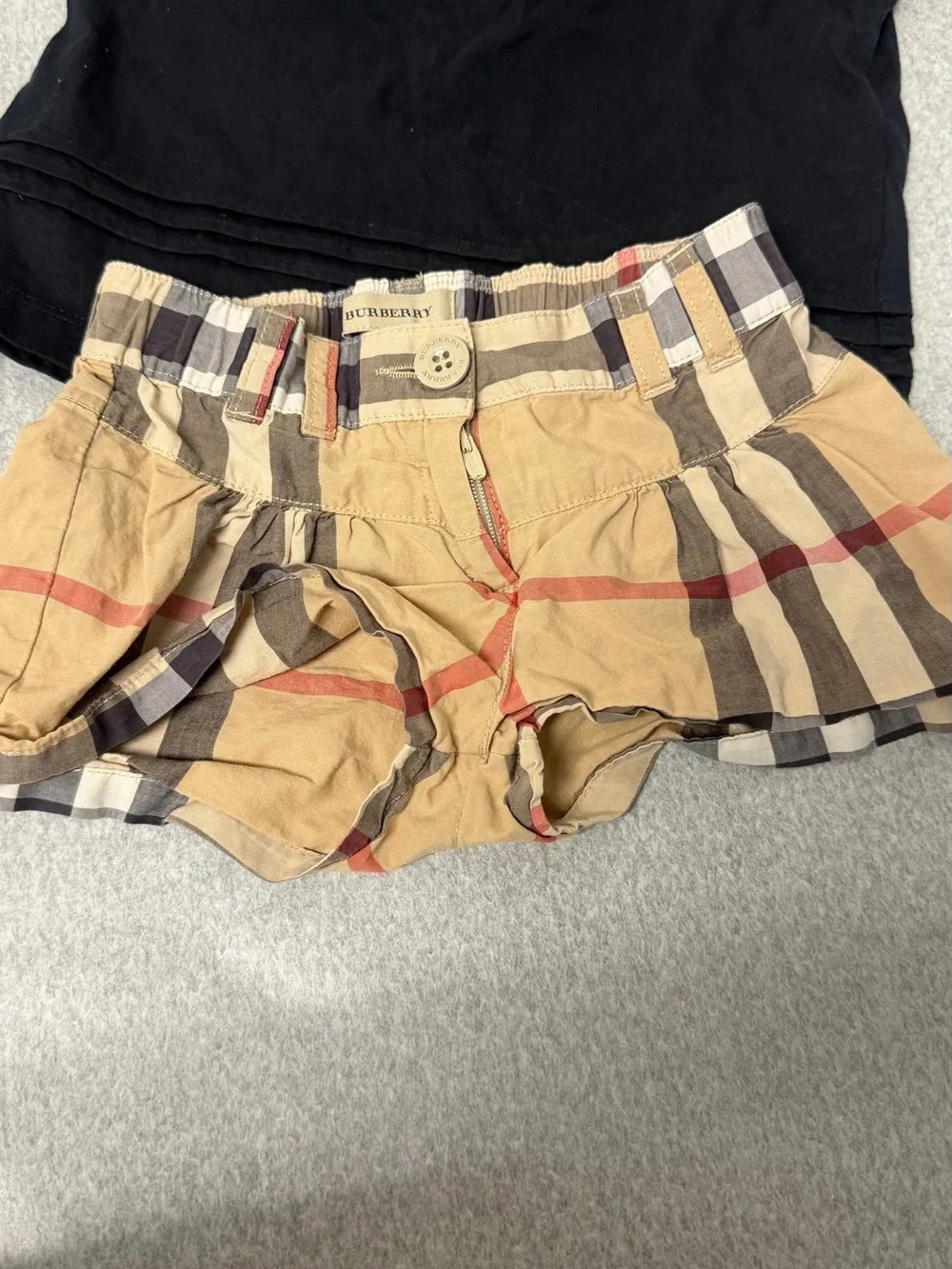 Burberry Black Top with Tan Plaid Shorts